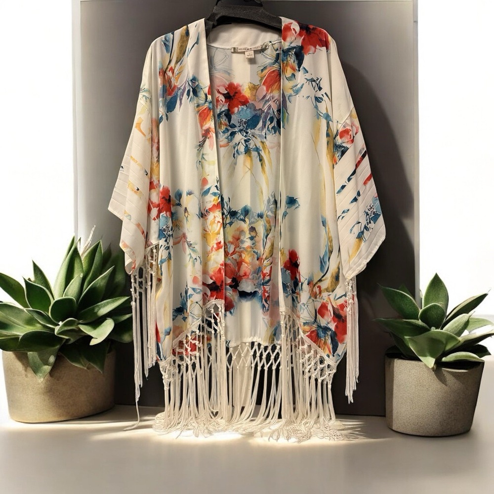 Chelsea & Violet Women's L Floral Foliage Lagenlook Open Front Kimono Fringe